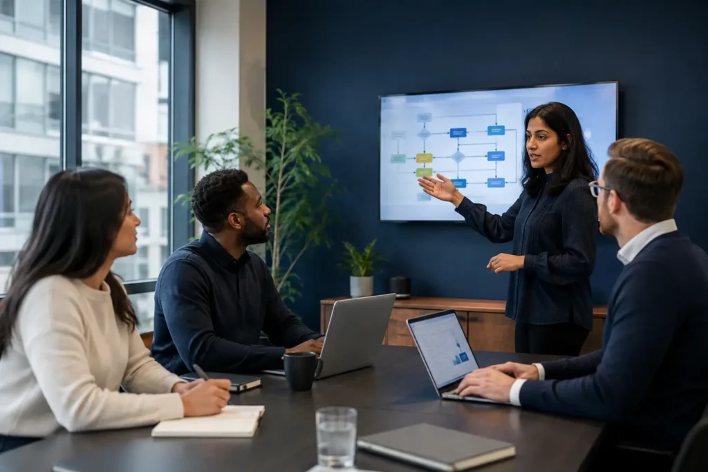 Business and technology professionals reviewing a Microsoft automation process