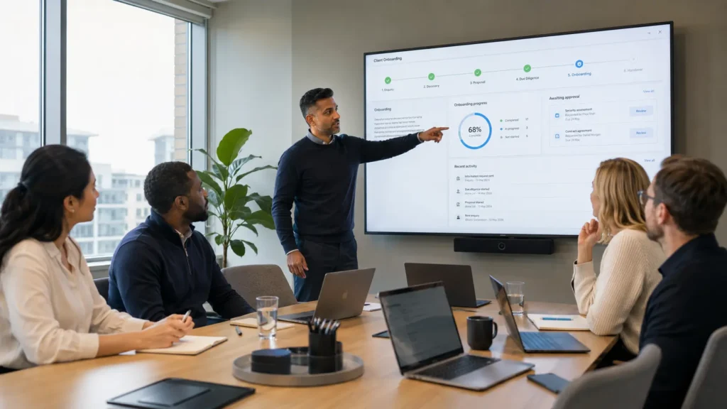 Business team reviewing a process automation workflow with a Stygian consultant.